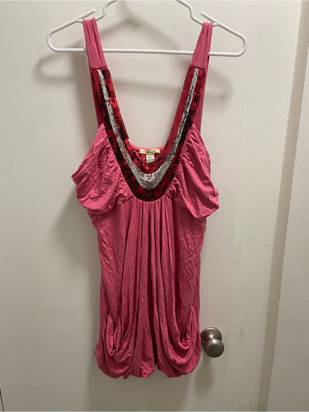 Finesse Pink Tank Top with Red & Silver Sequin Trim